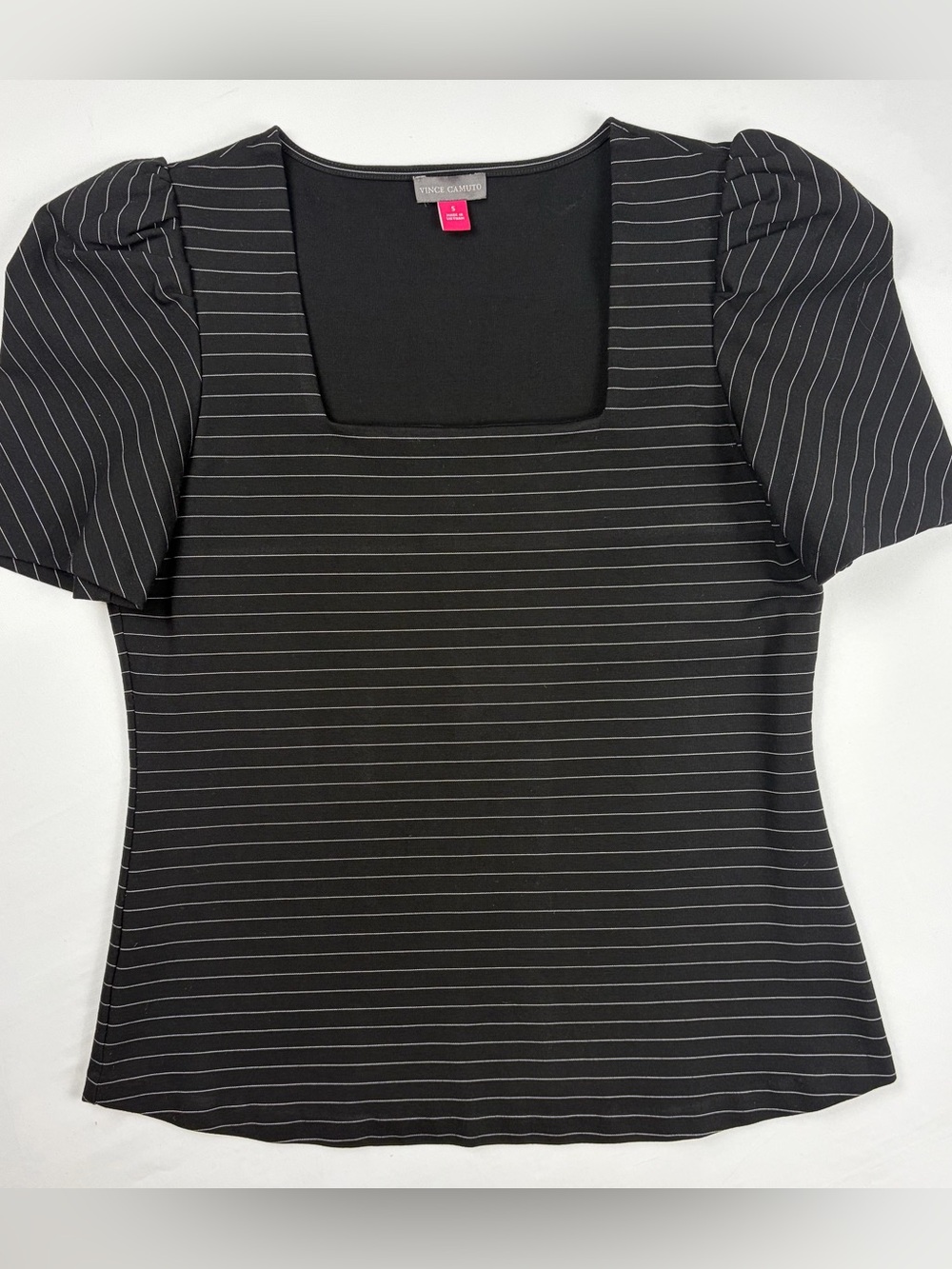 Vince Camuto Black Pinstripe Square Neck Puff Sleeve Top